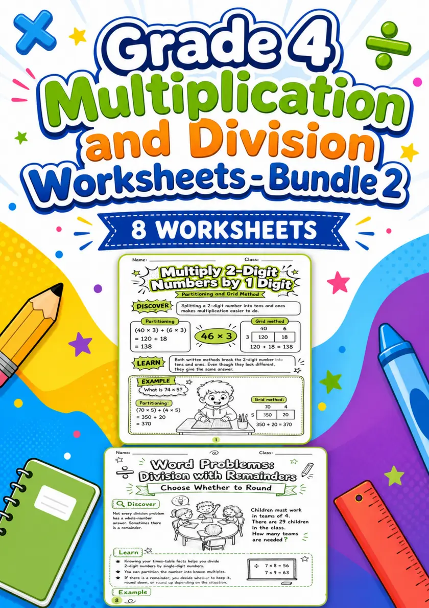 Grade 4 Multiplication and Division Worksheets - Pack 2 grade 4 printable PDF preview