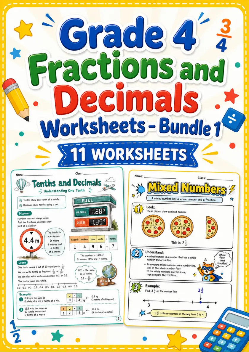 Grade 4 Fractions and Decimals Worksheets - Pack 1 grade 4 printable PDF preview