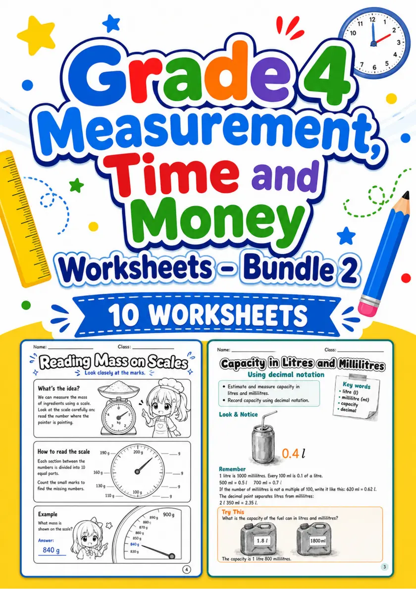 Grade 4 Measurement, Time and Money Worksheets - Pack 2 grade 4 printable PDF preview