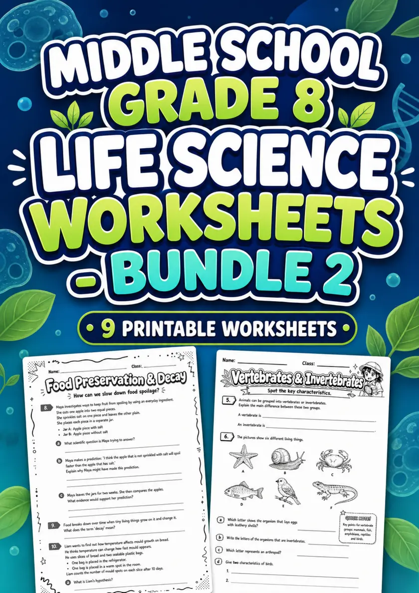 Middle School Grade 8 Life Science Worksheets - Pack 2 grade 8 printable PDF preview