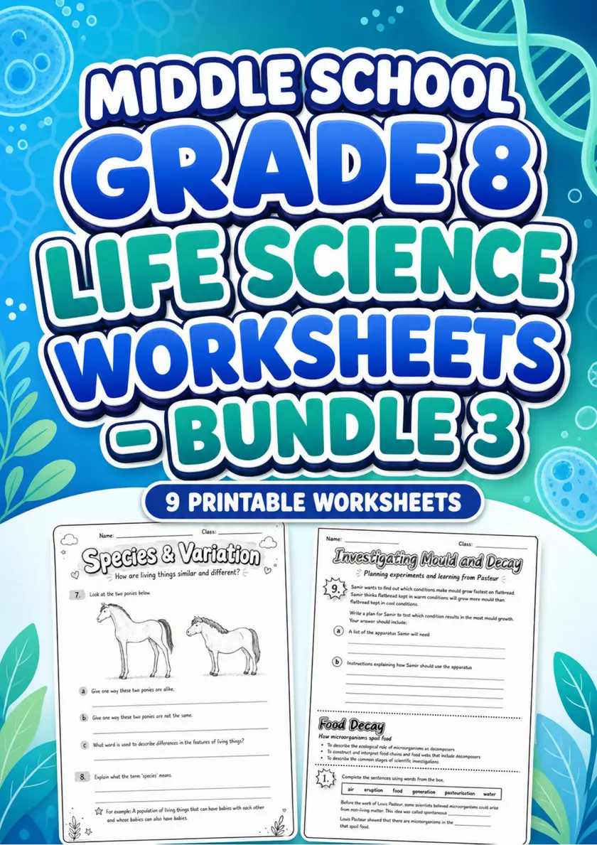 Middle School Grade 8 Life Science Worksheets - Pack 3 grade 8 printable PDF preview