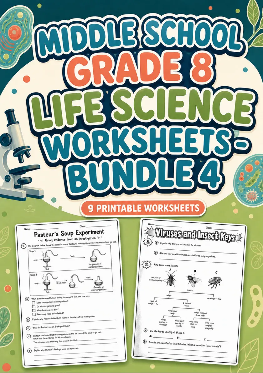 Middle School Grade 8 Life Science Worksheets - Pack 4 grade 8 printable PDF preview