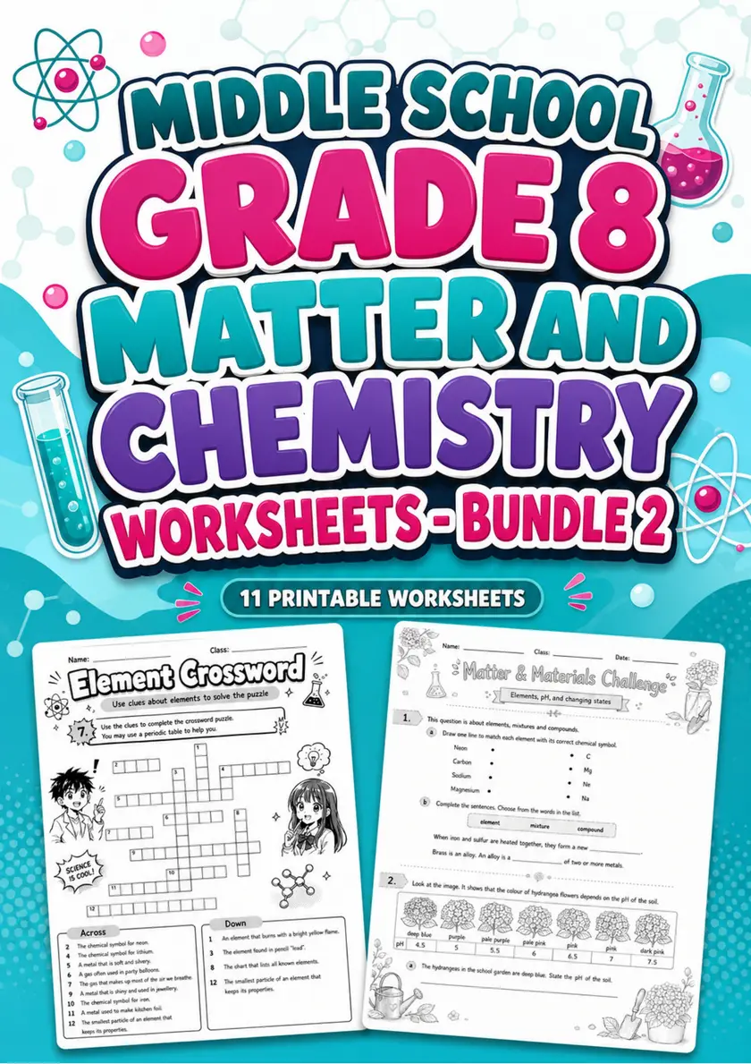 Middle School Grade 8 Matter and Chemistry Worksheets - Pack 2 grade 8 printable PDF preview