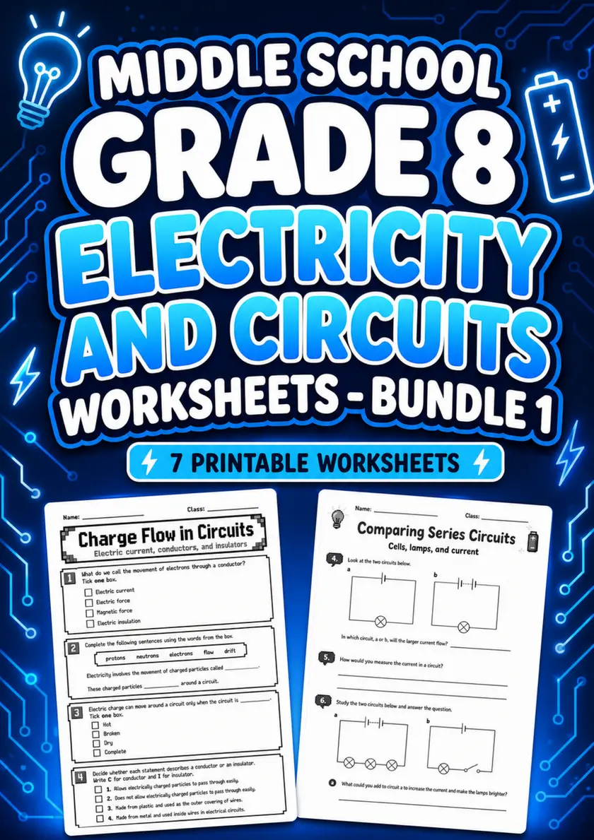 Middle School Grade 8 Electricity and Circuits Worksheets - Pack 1 grade 8 printable PDF preview