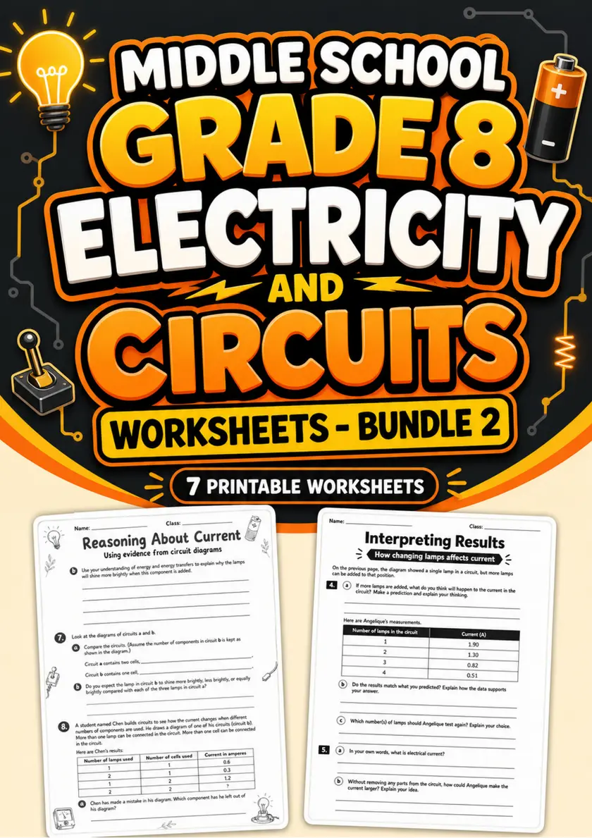 Middle School Grade 8 Electricity and Circuits Worksheets - Pack 2 grade 8 printable PDF preview