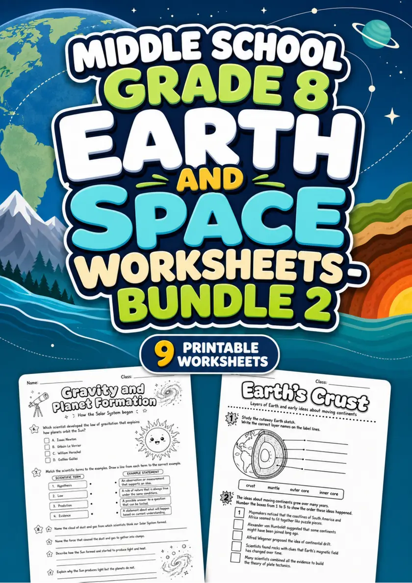 Middle School Grade 8 Earth and Space Worksheets - Pack 2 grade 8 printable PDF preview