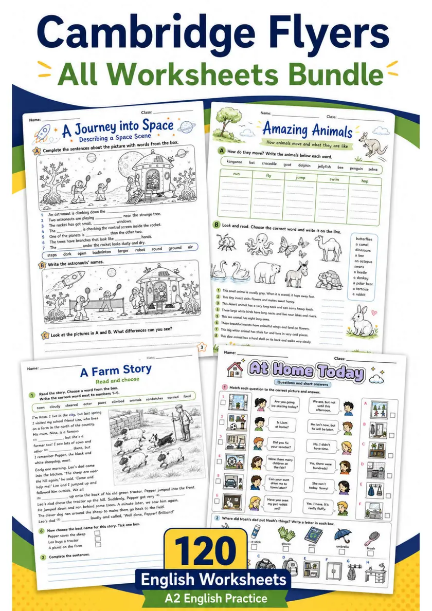 Cambridge Flyers - All Worksheets Pack | 120 English Worksheets primary printable PDF preview