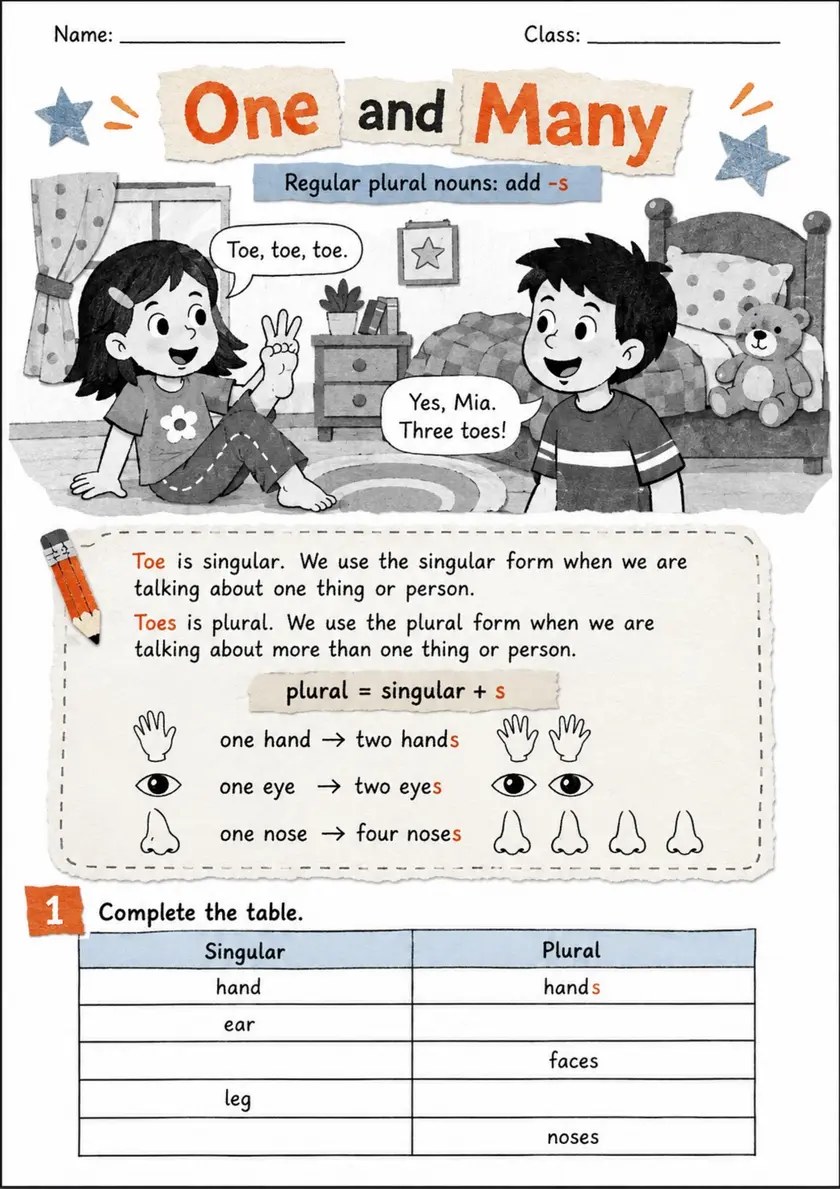 Singular and Plural Grammar Pack - 4 Worksheets | Grade 1 Grammar grade 1 printable PDF preview