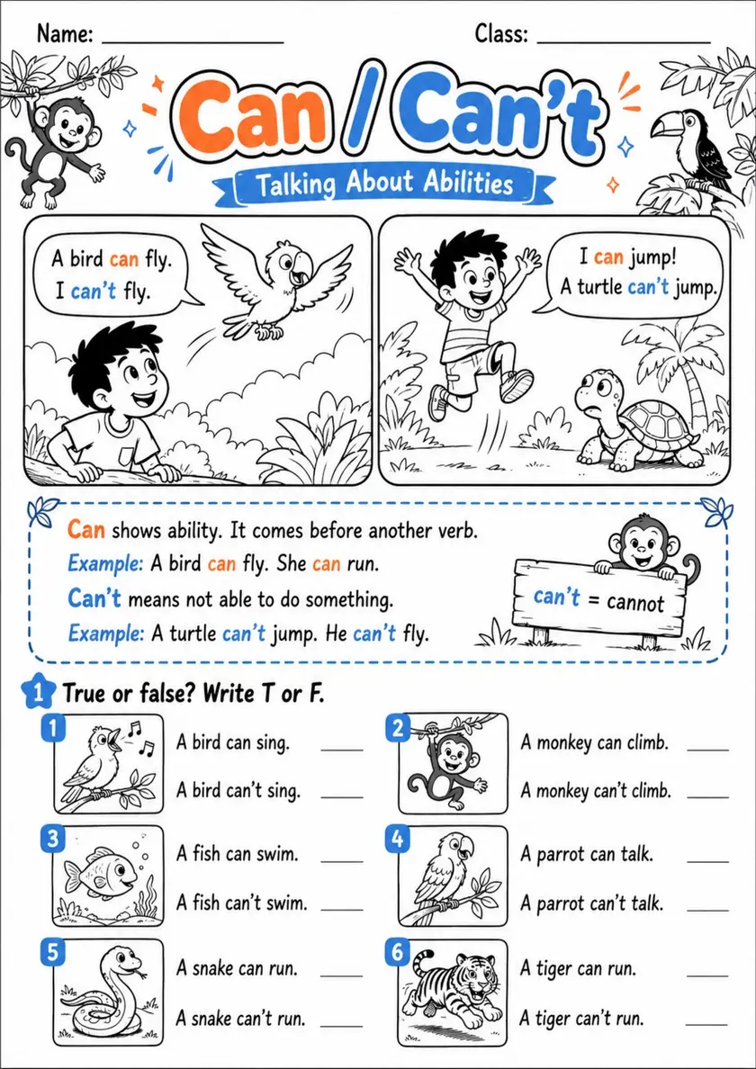 Can and Can't Abilities Pack - 4 Worksheets | Grade 1 Grammar grade 1 printable PDF preview
