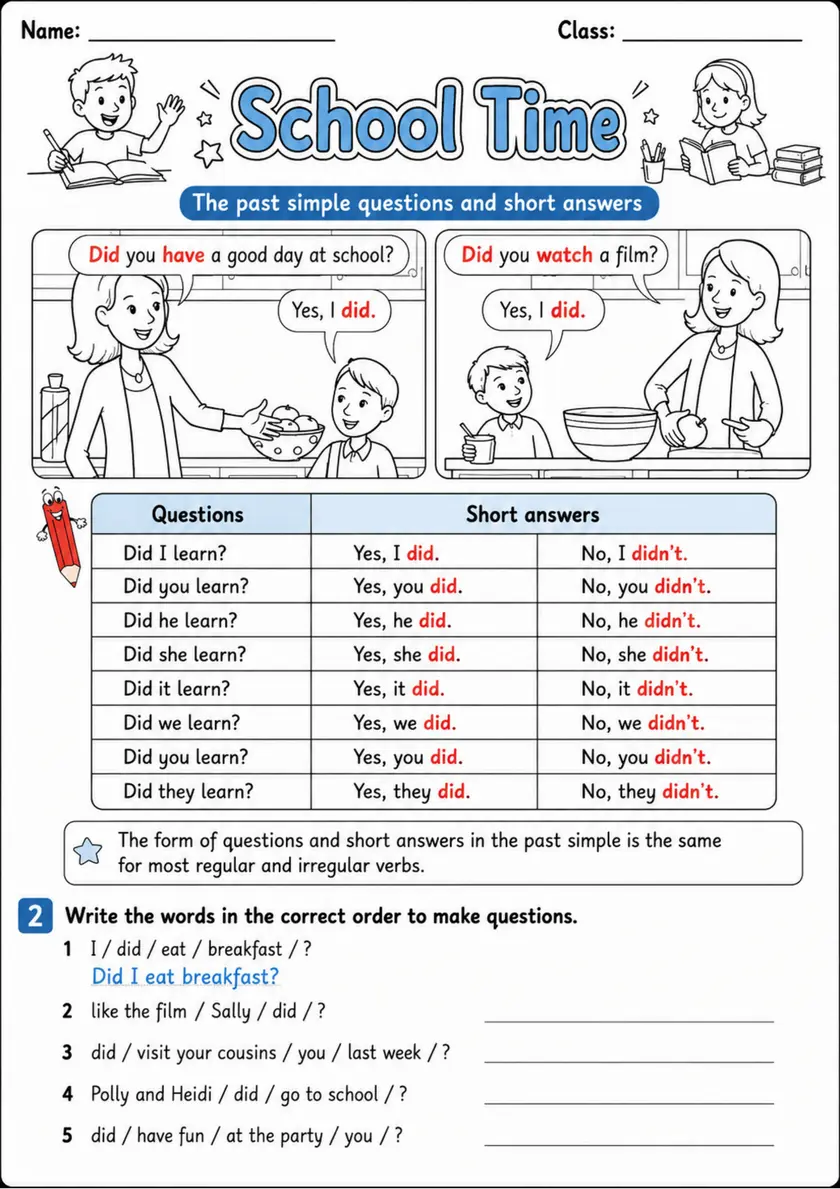Past Simple Questions Pack - 4 Worksheets | Grades 3-4 Grammar grades 3 4 printable PDF preview