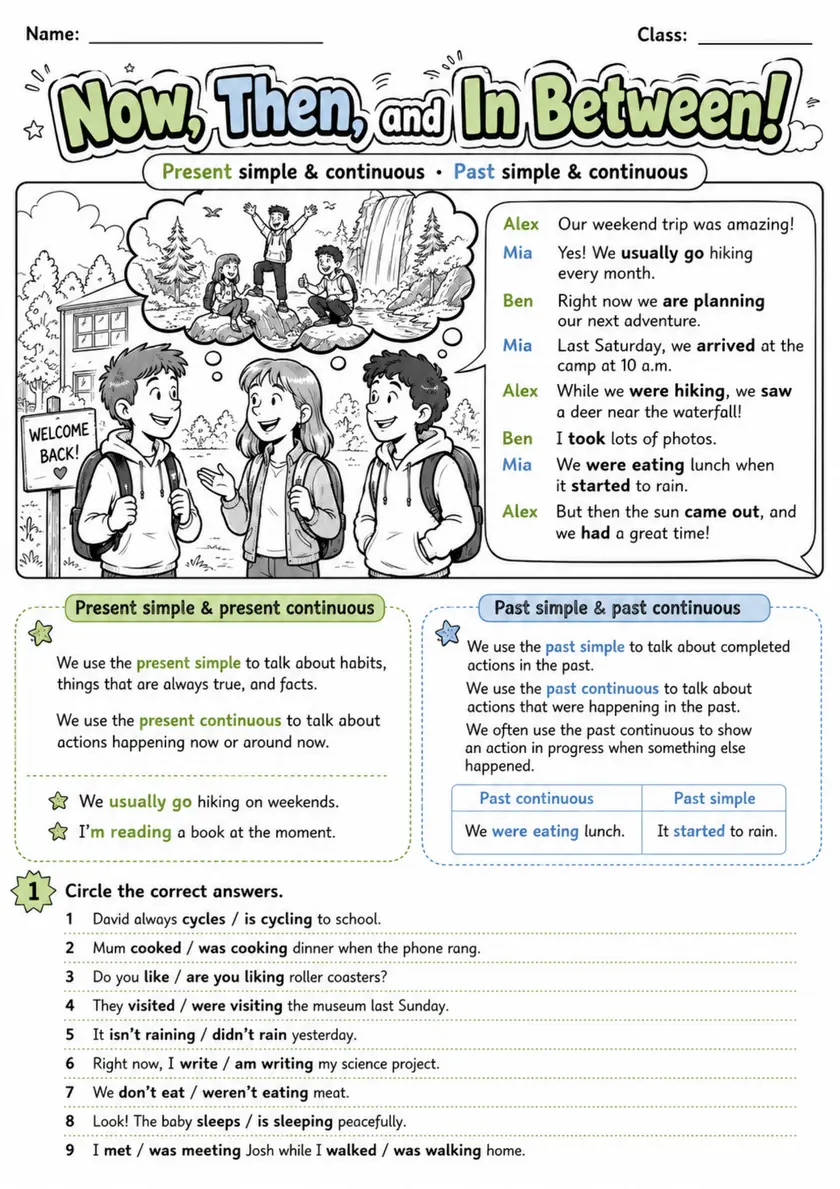 Present and Past Tenses Pack - 3 Worksheets | Grades 5-6 Grammar grades 5 6 printable PDF preview