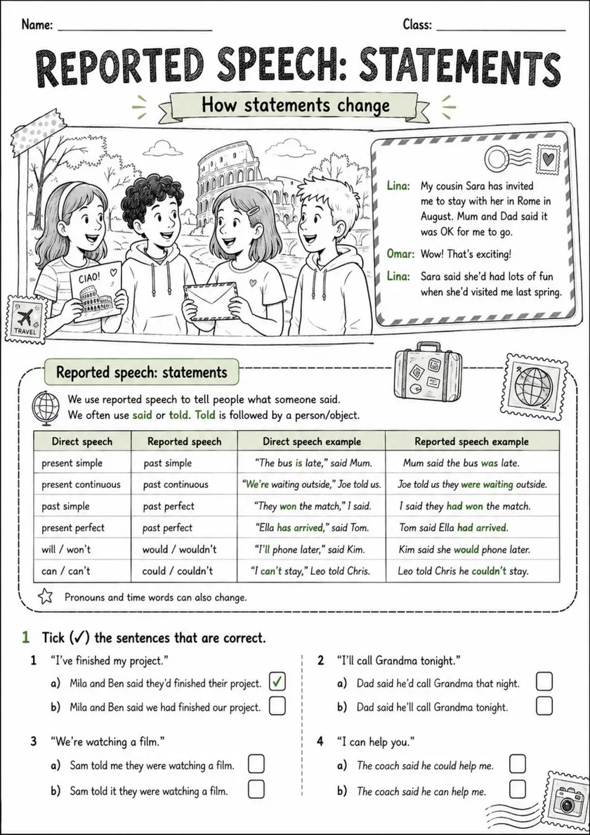 Reported Speech Statements Pack - 4 Worksheets | Grades 5-6 Grammar grades 5 6 printable PDF preview