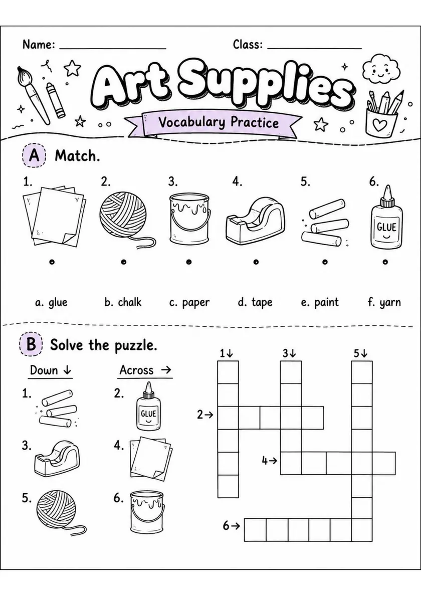 Art Supplies Pack - 2 Worksheets | Grade 1 grade 1 printable PDF preview