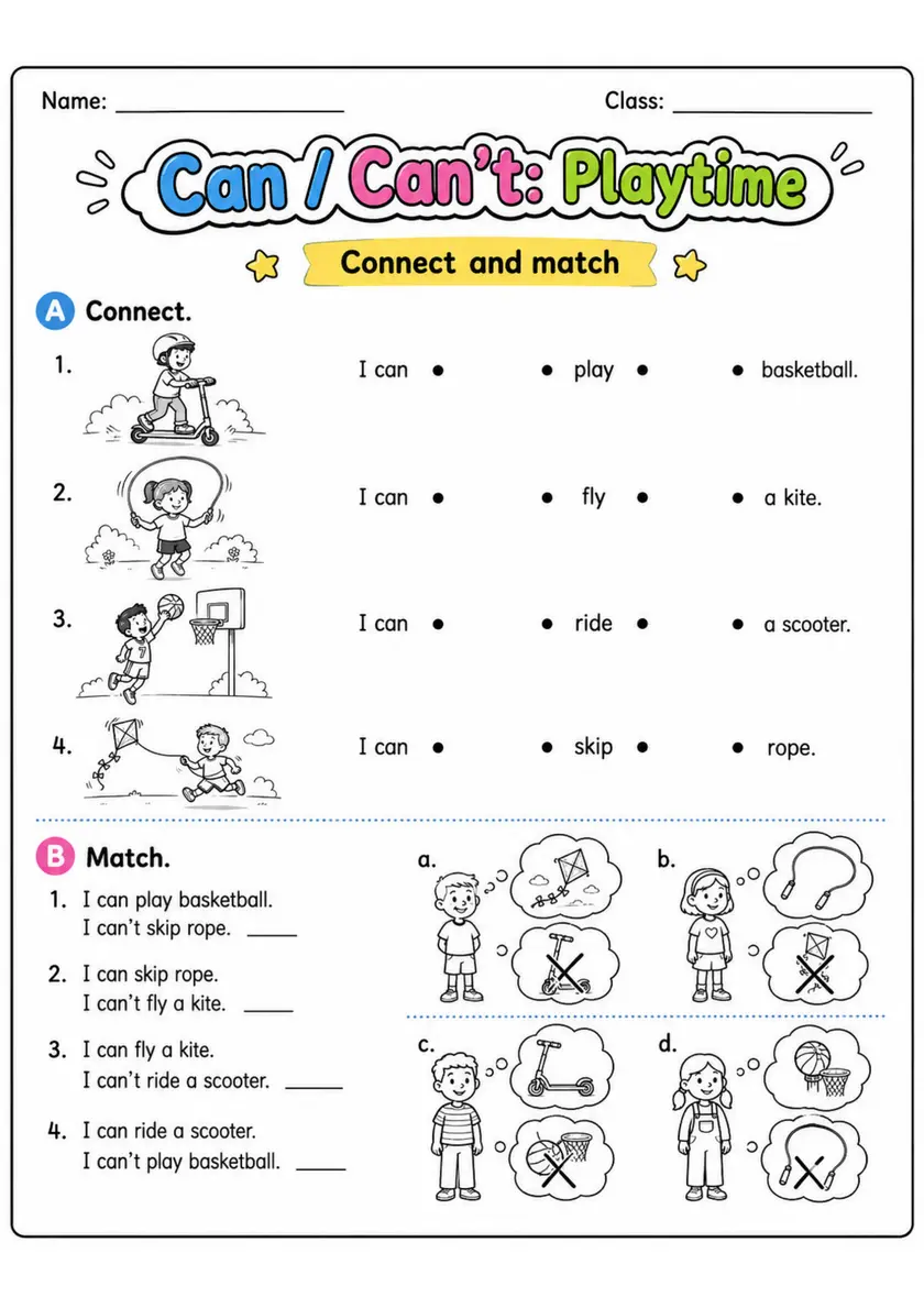 Can and Can't Playtime Pack - 2 Worksheets | Grade 1 grade 1 printable PDF preview