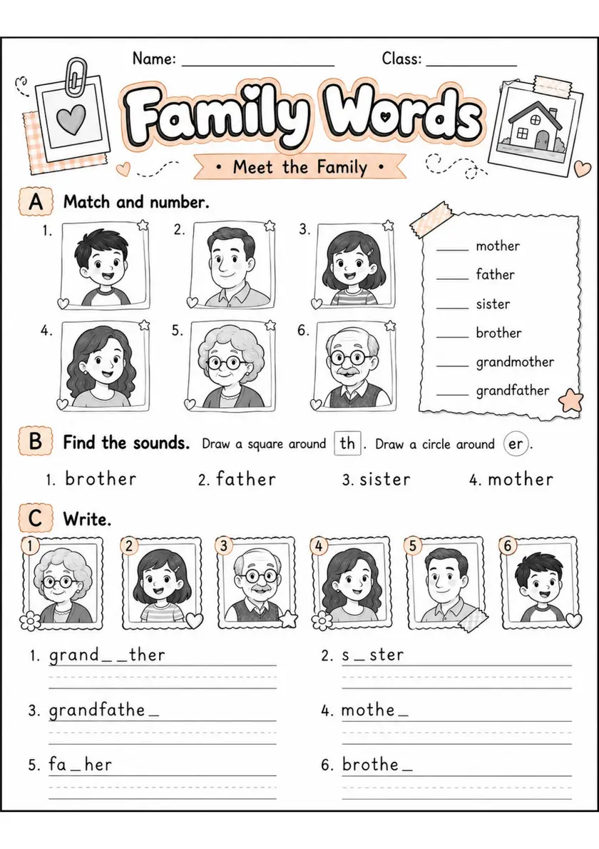 Family Words Pack - 2 Worksheets | Grade 1 grade 1 printable PDF preview