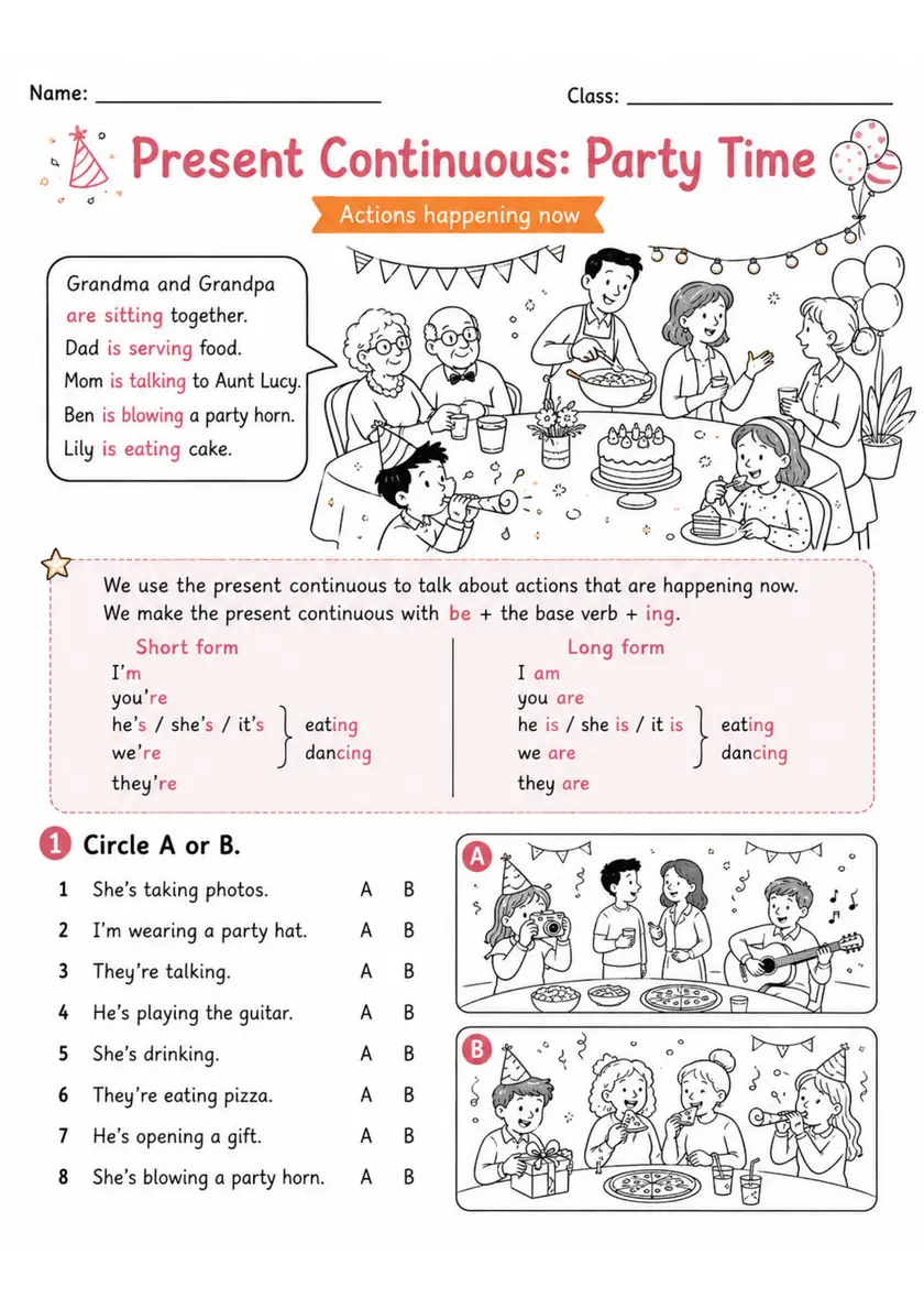 Present Continuous Party Pack - 2 Worksheets | Grades 2-3 grades 2 3 printable PDF preview