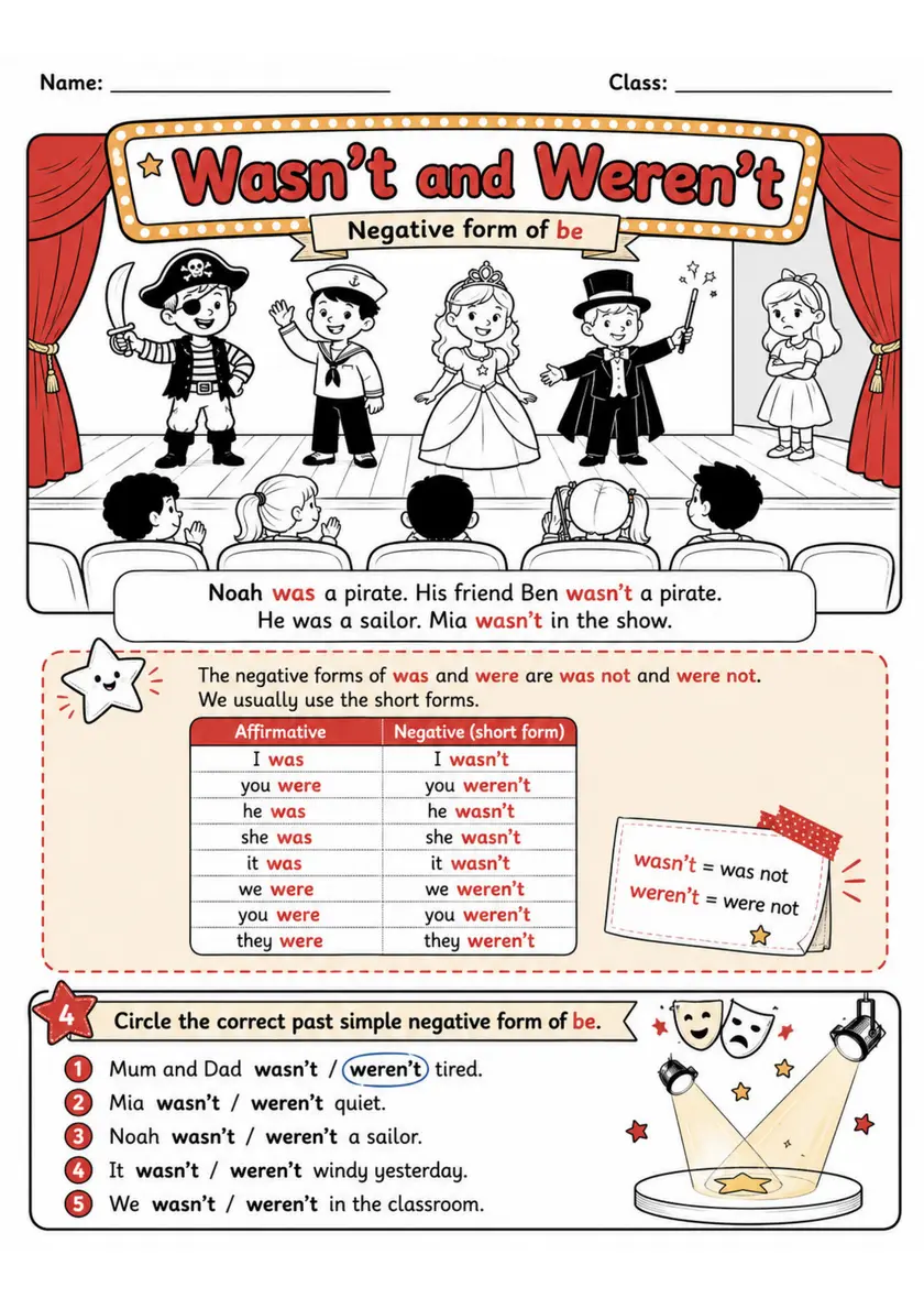 Wasn't and Weren't Pack - 2 Worksheets | Grades 2-3 grades 2 3 printable PDF preview