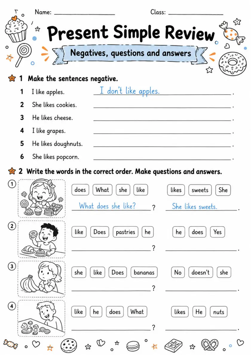 Present Simple Review Pack - 2 Worksheets | Grades 2-3 grades 2 3 printable PDF preview