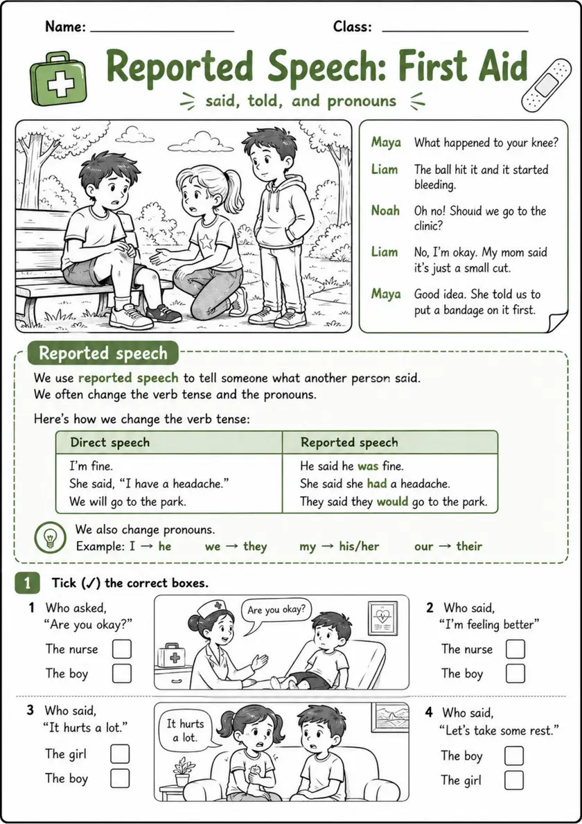 Reported Speech Pack - 7 Worksheets | Grade 5 grade 5 printable PDF preview