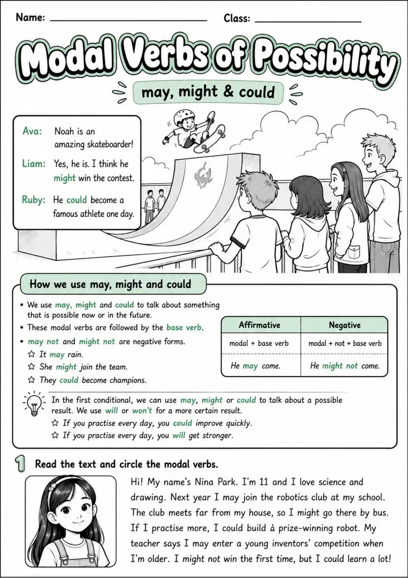 Modal Verbs of Possibility Pack - 4 Worksheets | Grade 5 grade 5 printable PDF preview