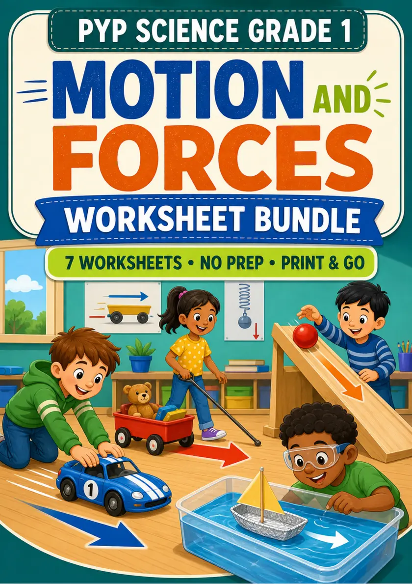 Motion and Forces Worksheets Pack | Grade 1 PYP Science grade 1 printable PDF preview