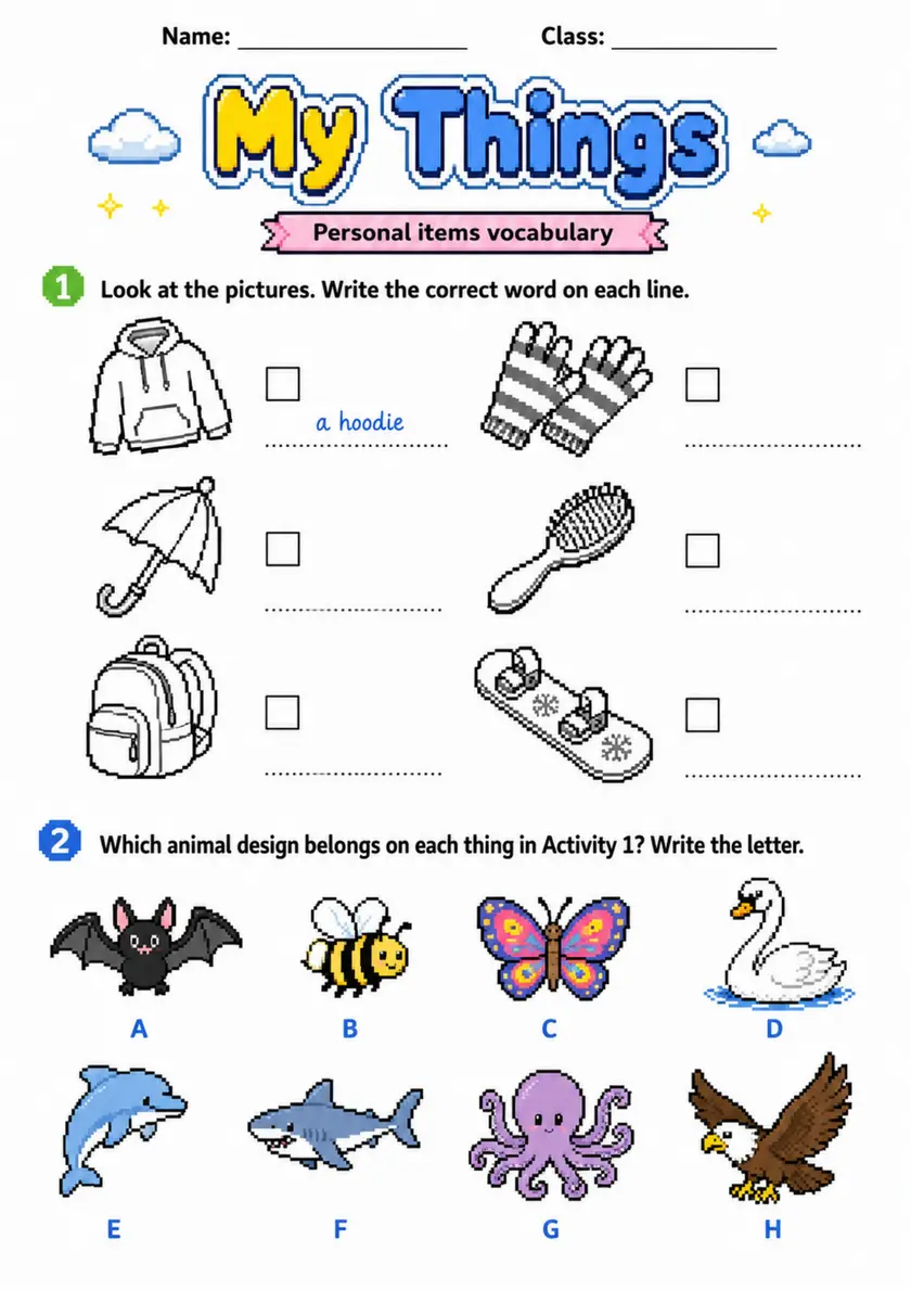 Cambridge Flyers - My Things | Free Worksheet primary printable PDF preview