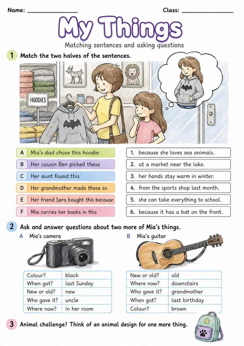 Cambridge Flyers - My Things - Practice 2 | Free Worksheet primary printable PDF preview