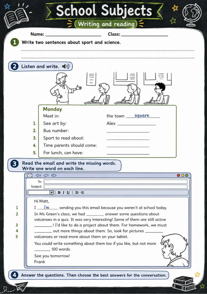 Cambridge Flyers - School Subjects - Practice 2 | Free Worksheet primary printable PDF preview
