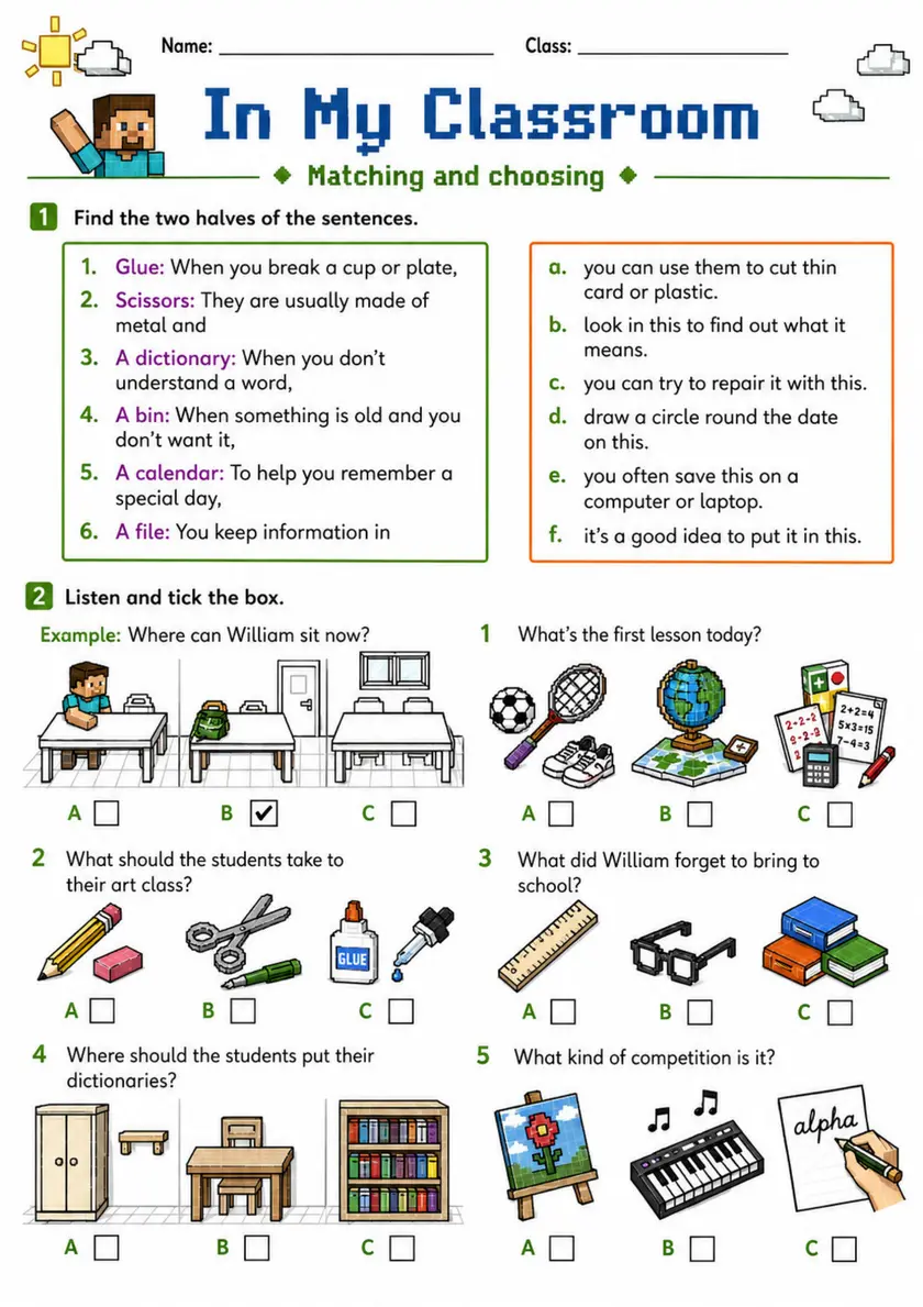 Cambridge Flyers - In My Classroom | Free Worksheet primary printable PDF preview