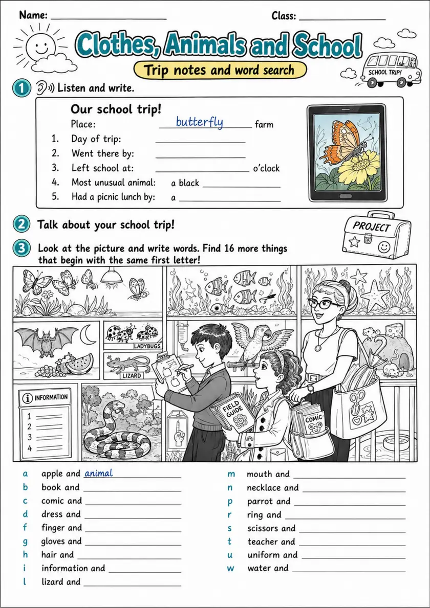 Cambridge Flyers - Clothes, Animals and School | Free Worksheet primary printable PDF preview