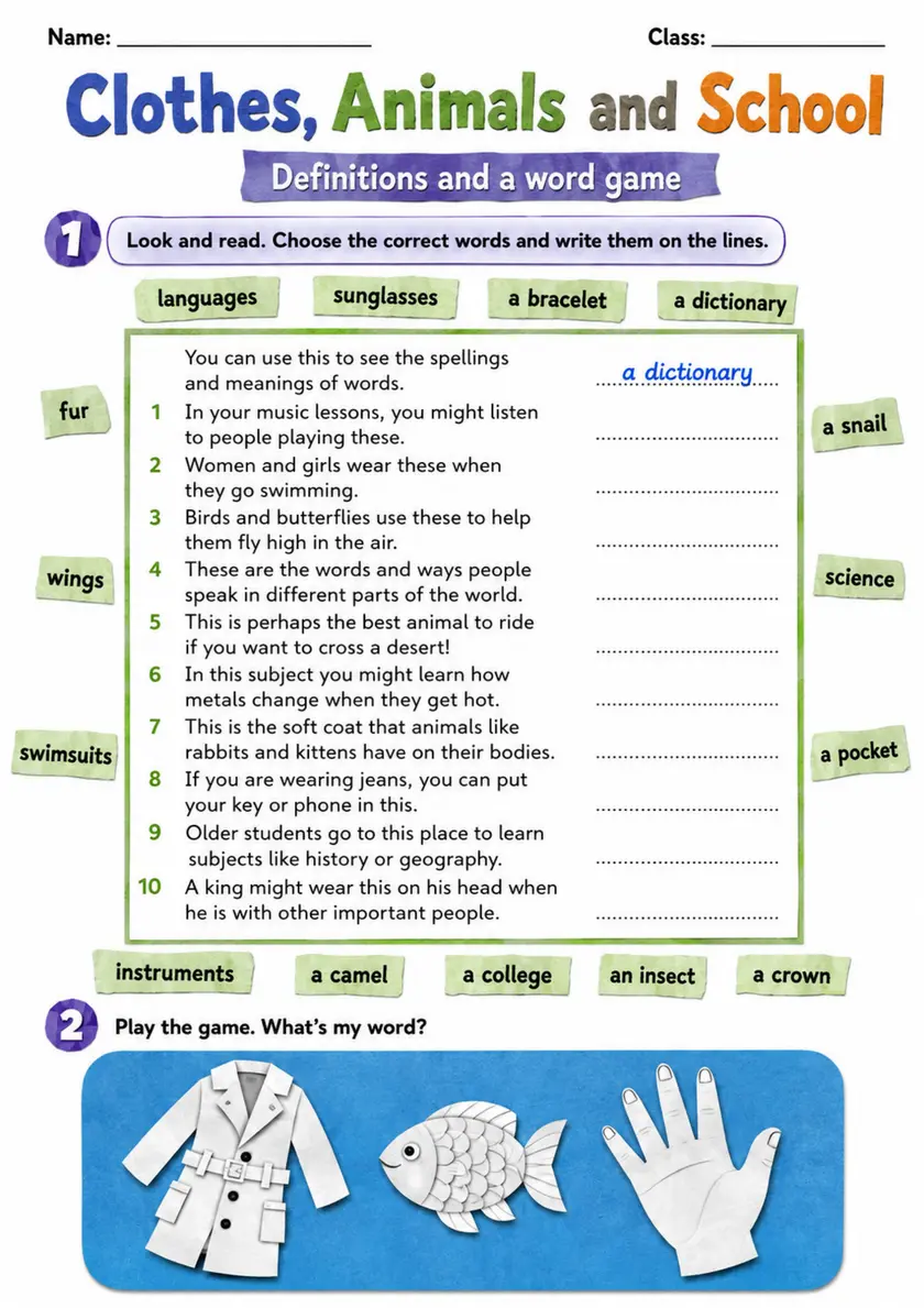 Cambridge Flyers - Clothes, Animals and School - Practice 2 | Free Worksheet primary printable PDF preview