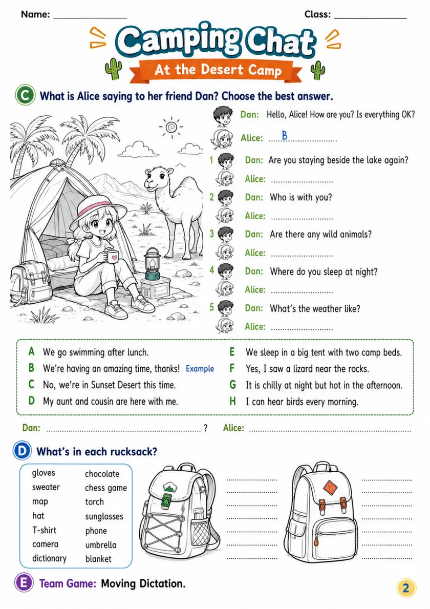 Cambridge Flyers - Camping Chat | Free Worksheet primary printable PDF preview