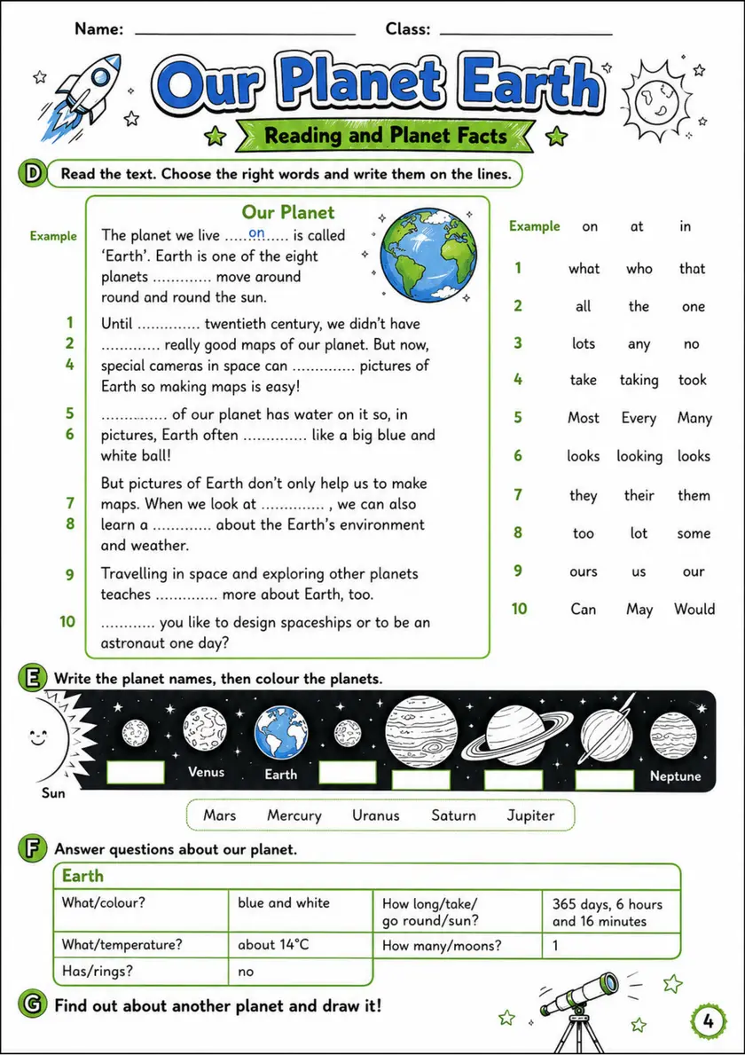 Cambridge Flyers - Our Planet Earth | Free Worksheet primary printable PDF preview
