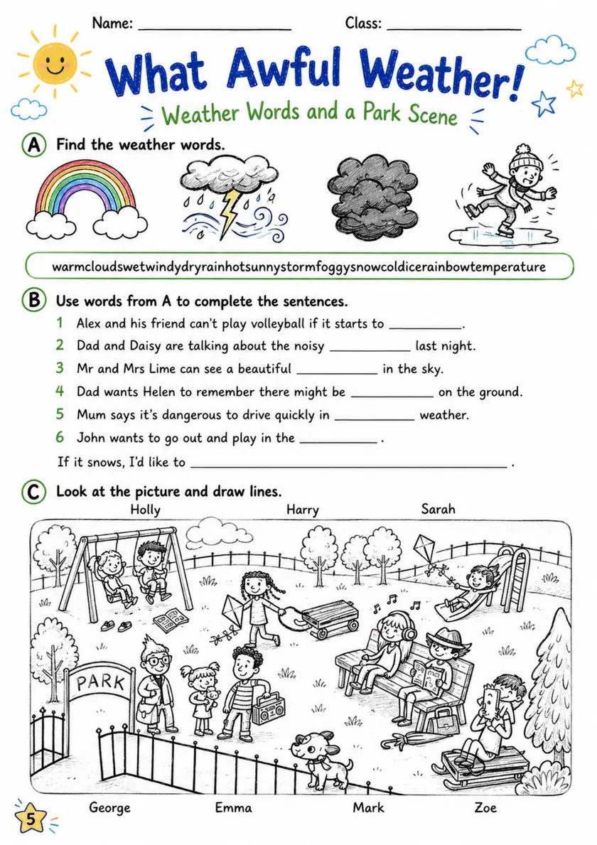 Cambridge Flyers - What Awful Weather! | Free Worksheet primary printable PDF preview