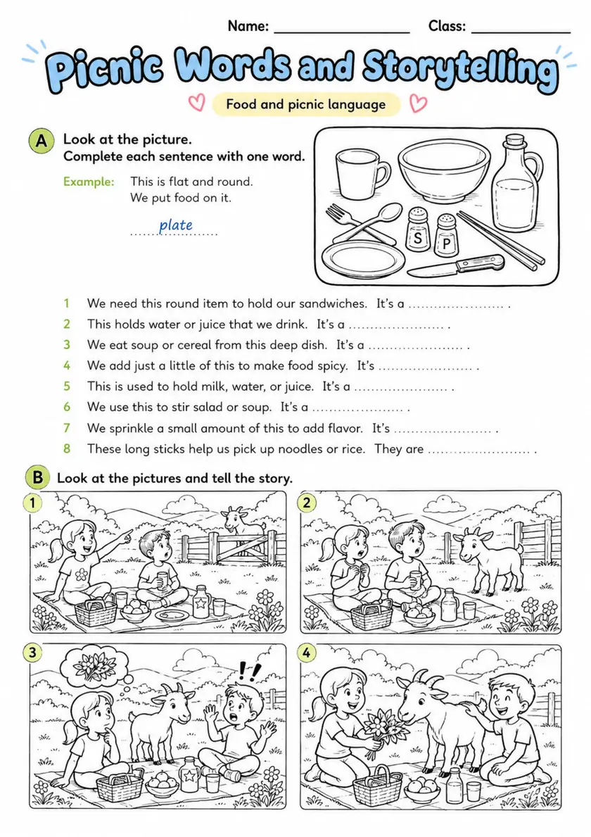 Cambridge Flyers - Picnic Words and Storytelling | Free Worksheet primary printable PDF preview