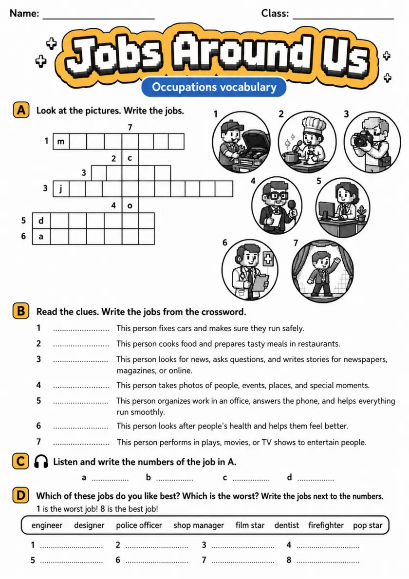 Cambridge Flyers - Jobs Around Us | Free Worksheet primary printable PDF preview