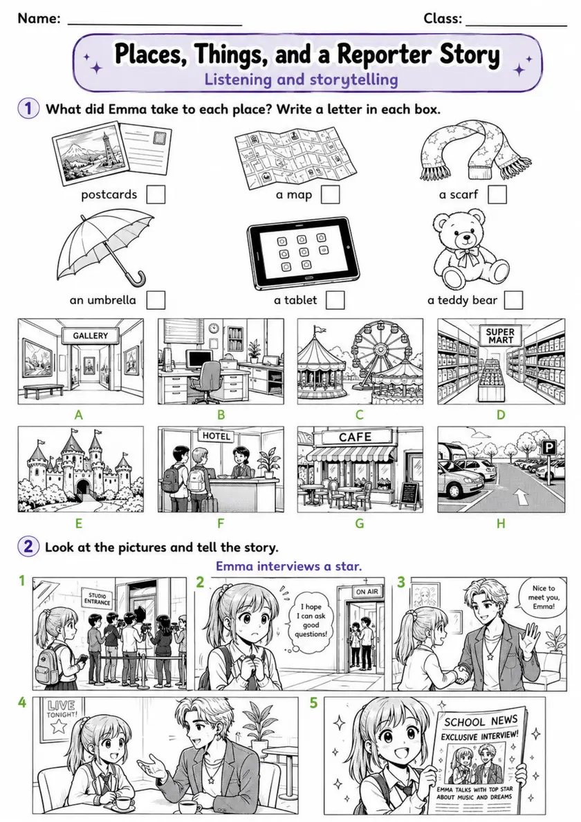 Cambridge Flyers - Places, Things, and a Reporter Story | Free Worksheet primary printable PDF preview