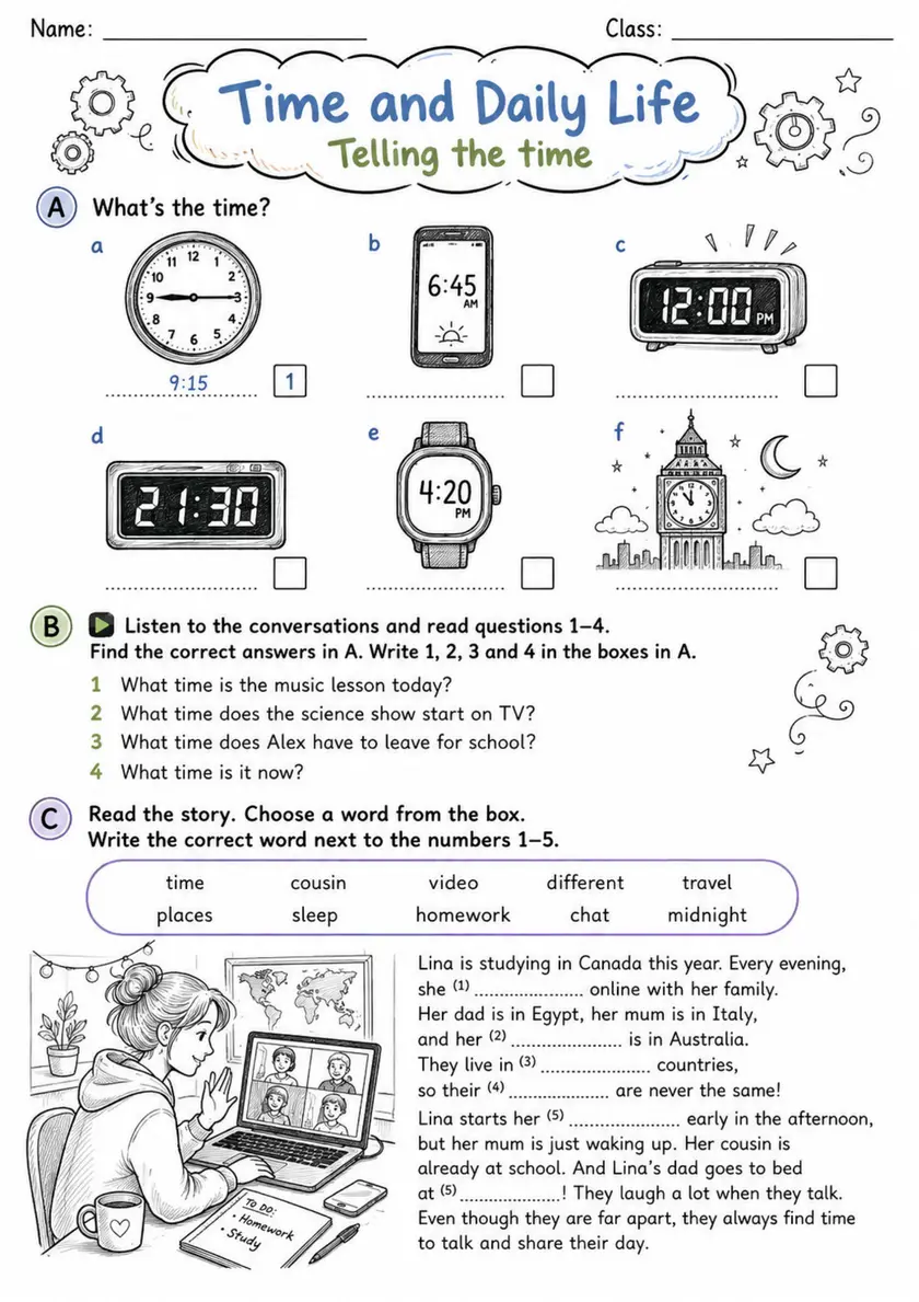 Cambridge Flyers - Time and Daily Life | Free Worksheet primary printable PDF preview