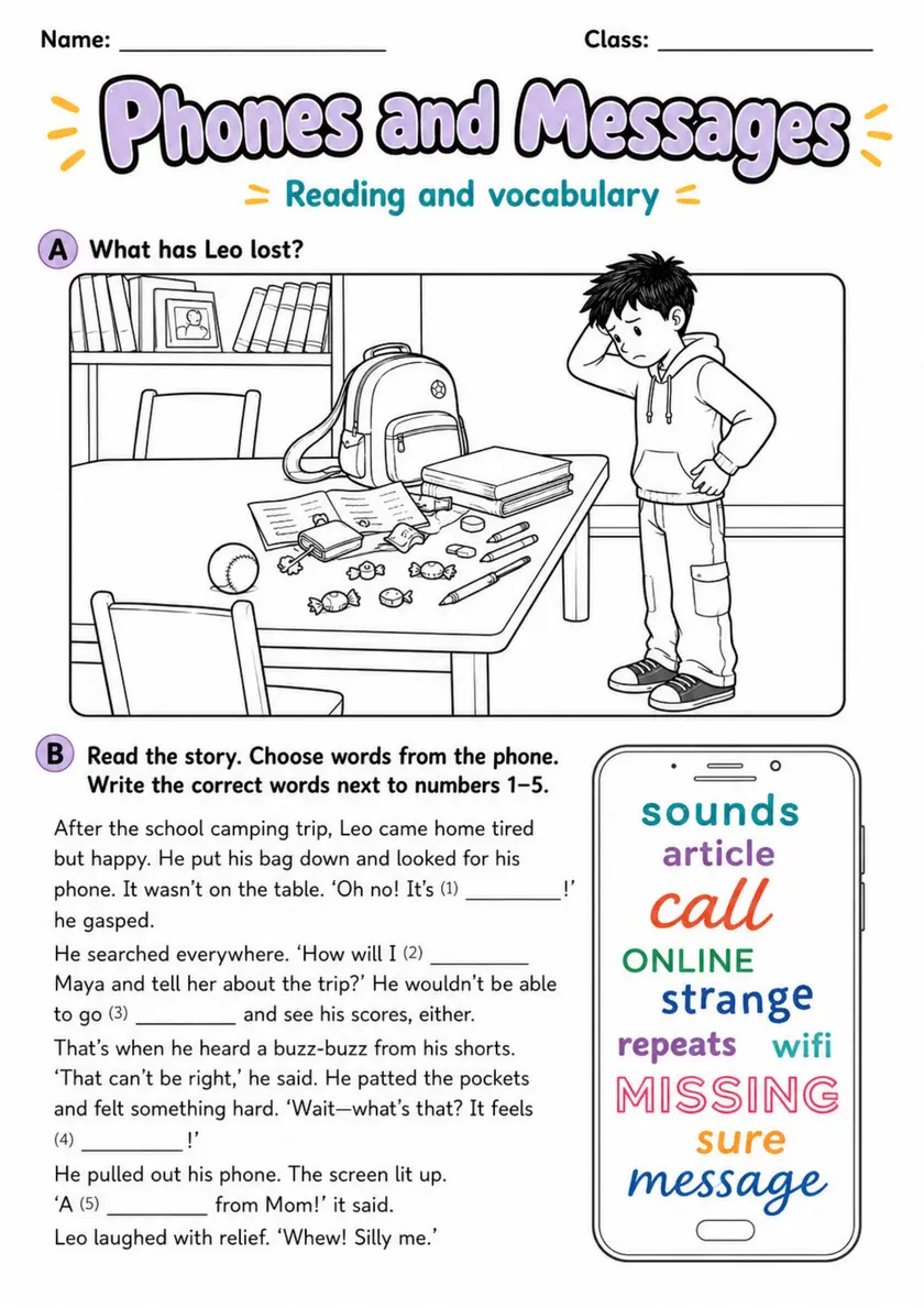 Cambridge Flyers - Phones and Messages | Free Worksheet primary printable PDF preview