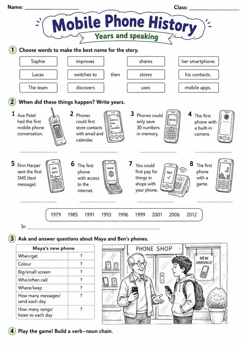 Cambridge Flyers - Mobile Phone History | Free Worksheet primary printable PDF preview