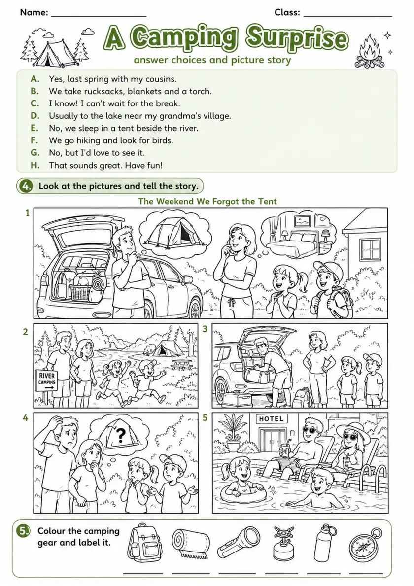Cambridge Flyers - A Camping Surprise | Free Worksheet primary printable PDF preview
