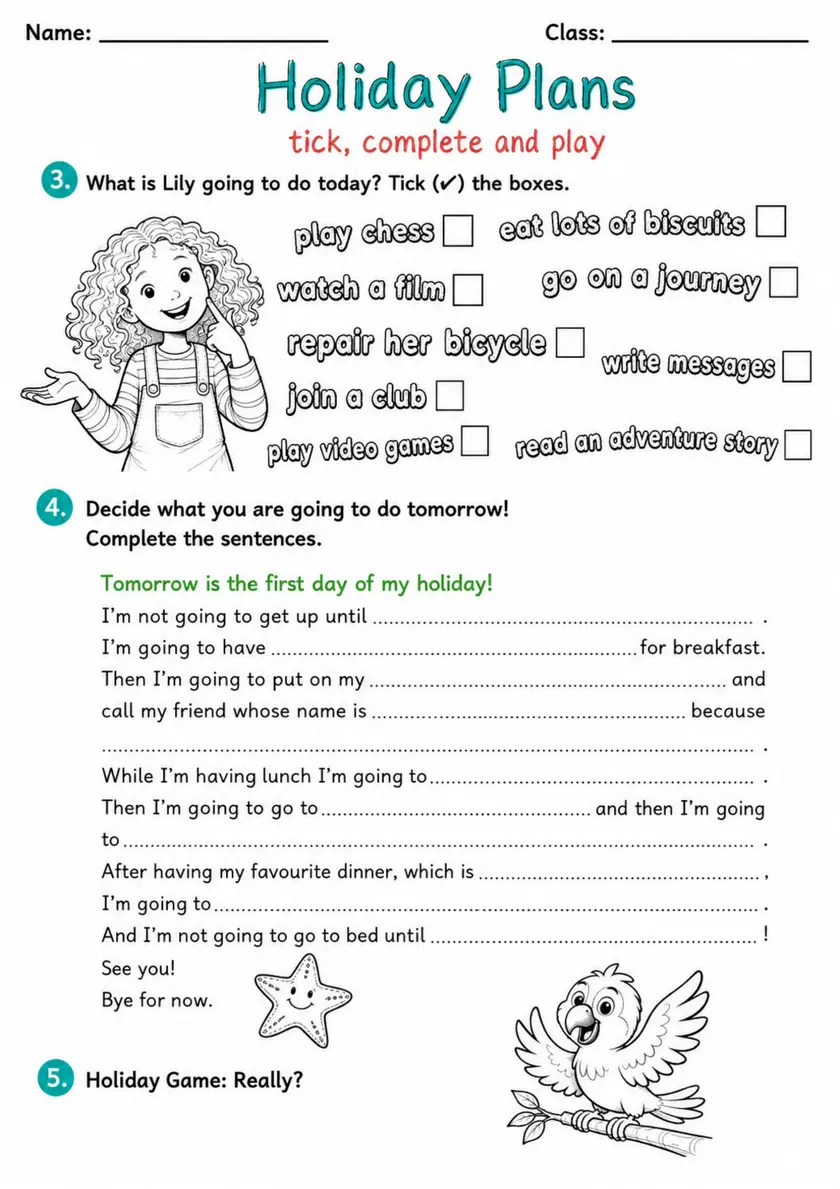 Cambridge Flyers - Holiday Plans | Free Worksheet primary printable PDF preview