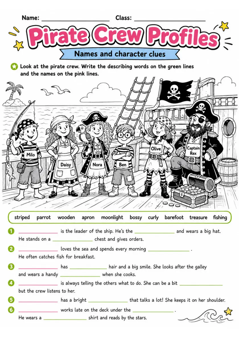 Cambridge Flyers - Pirate Crew Profiles | Free Worksheet primary printable PDF preview