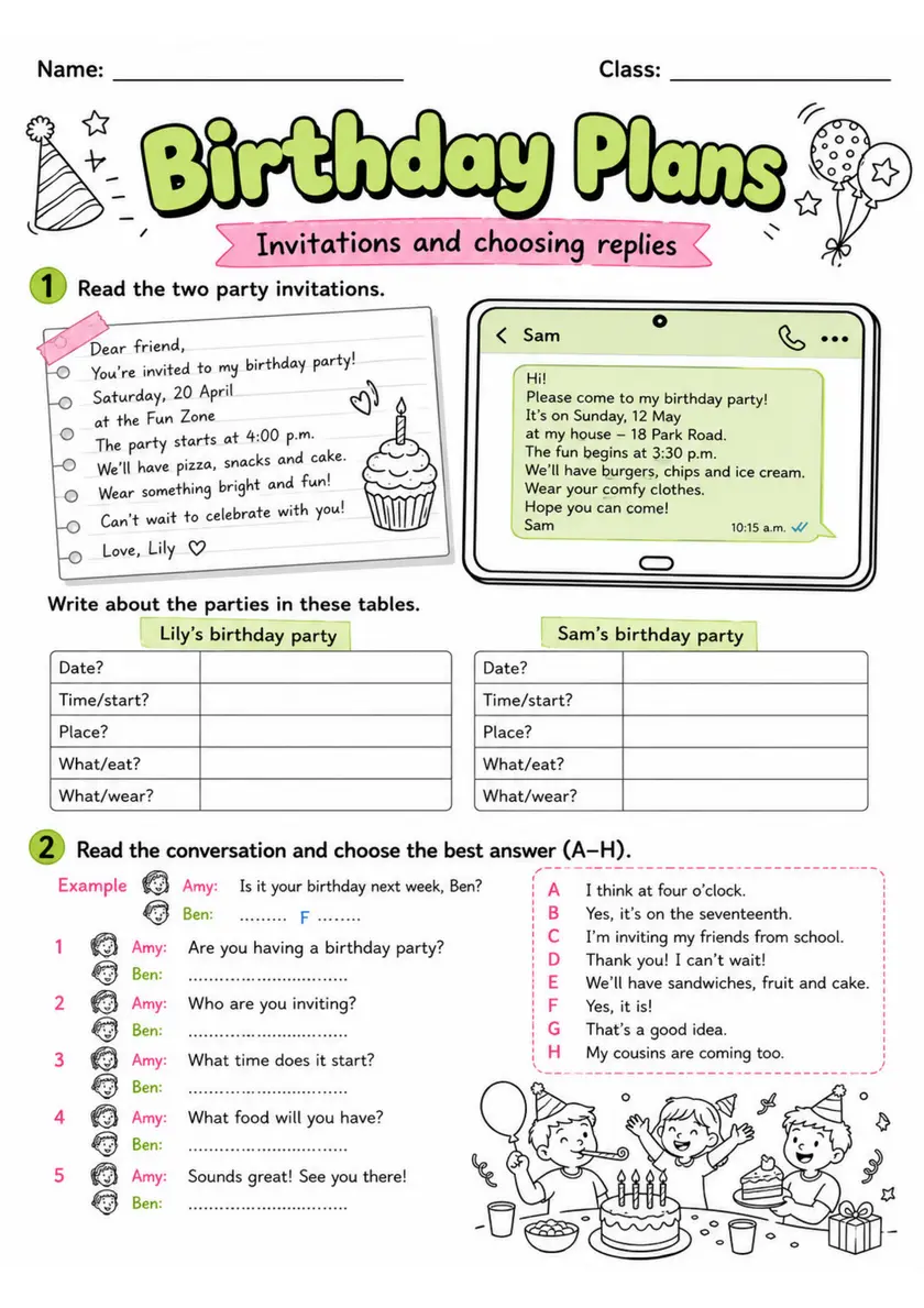 Cambridge Flyers - Birthday Plans | Free Worksheet primary printable PDF preview