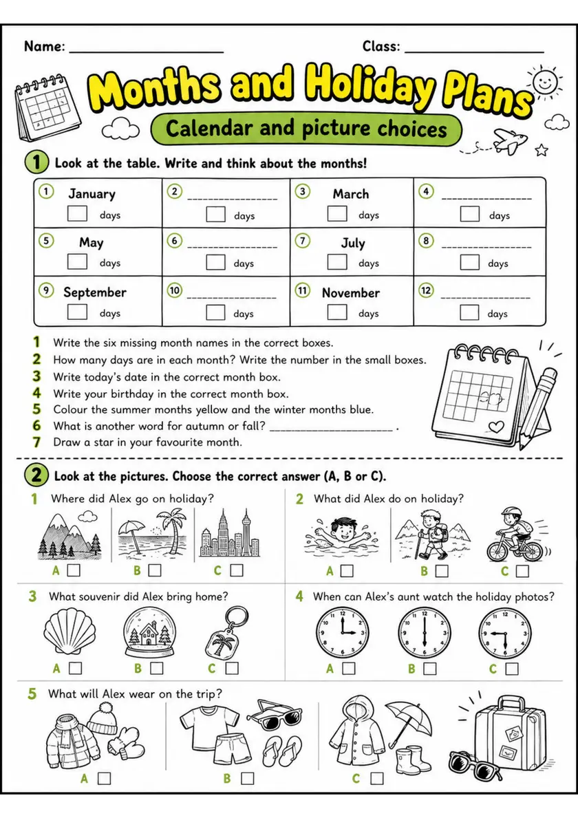 Cambridge Flyers - Months and Holiday Plans | Free Worksheet primary printable PDF preview