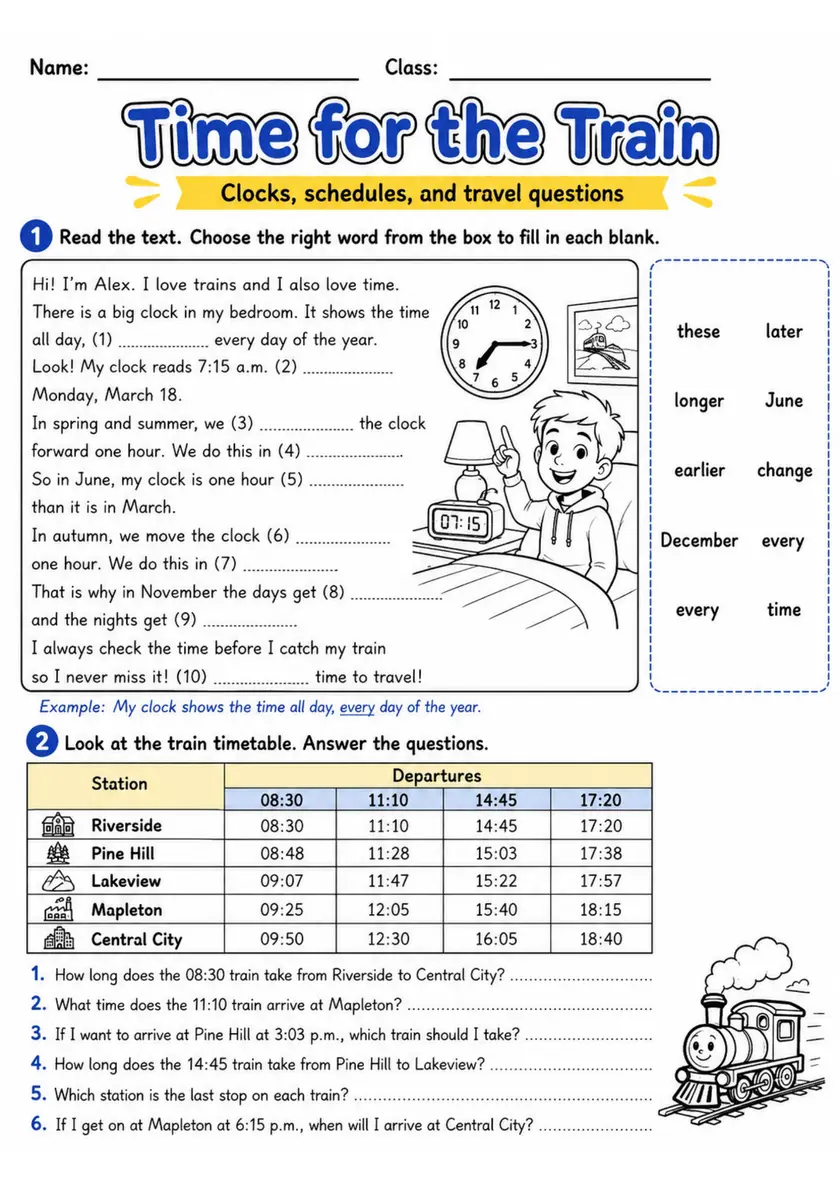Cambridge Flyers - Time for the Train | Free Worksheet primary printable PDF preview