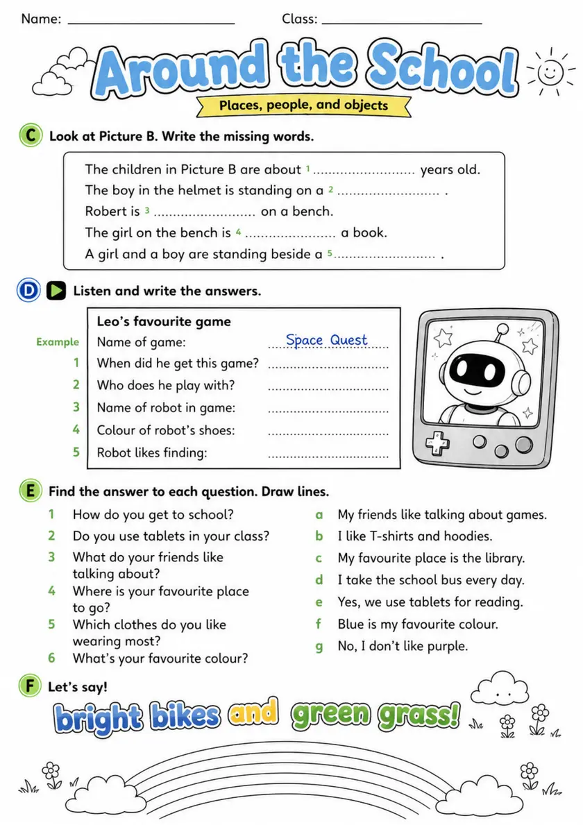 Cambridge Flyers - Around the School - Practice 2 | Free Worksheet primary printable PDF preview