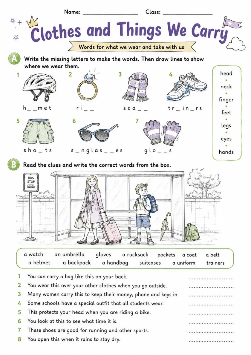 Cambridge Flyers - Clothes and Things We Carry | Free Worksheet primary printable PDF preview