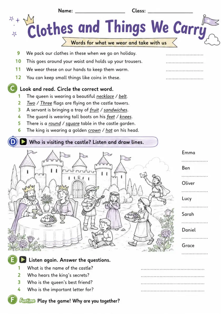 Cambridge Flyers - Clothes and Things We Carry - Practice 2 | Free Worksheet primary printable PDF preview