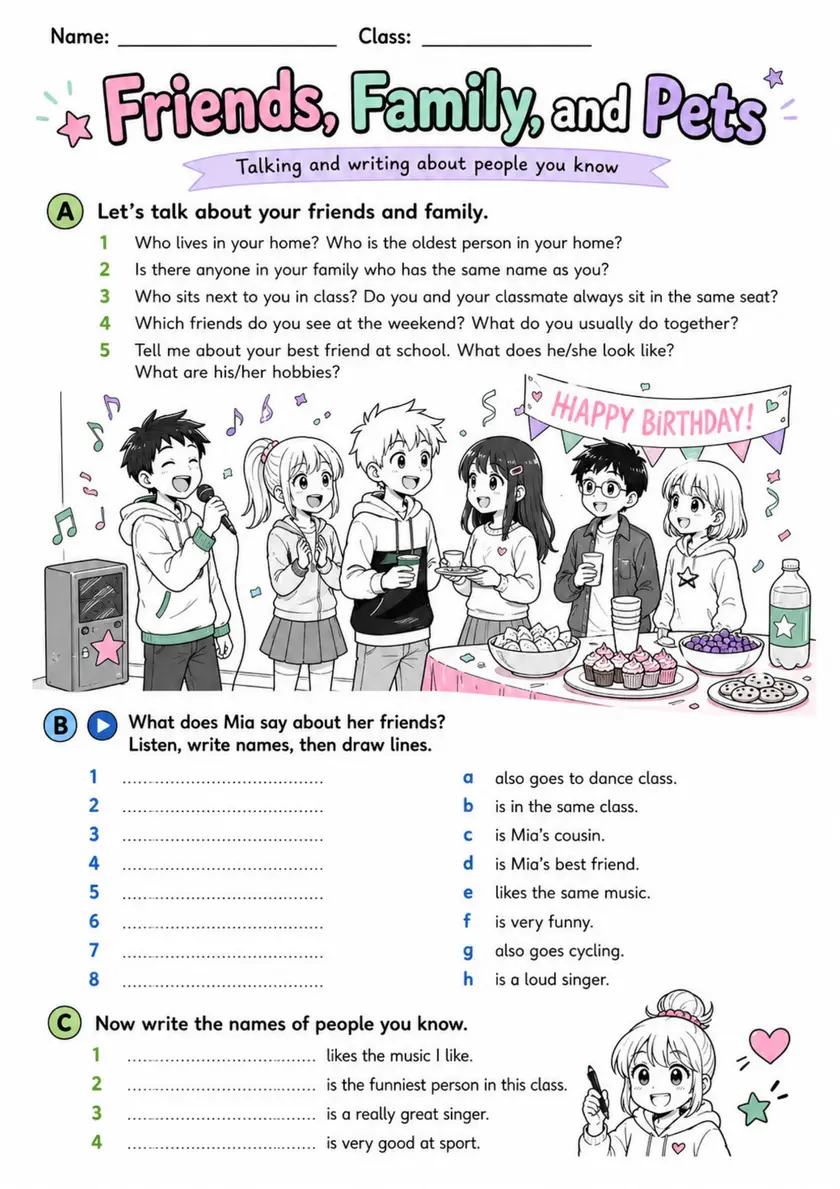 Cambridge Flyers - Friends, Family, and Pets | Free Worksheet primary printable PDF preview